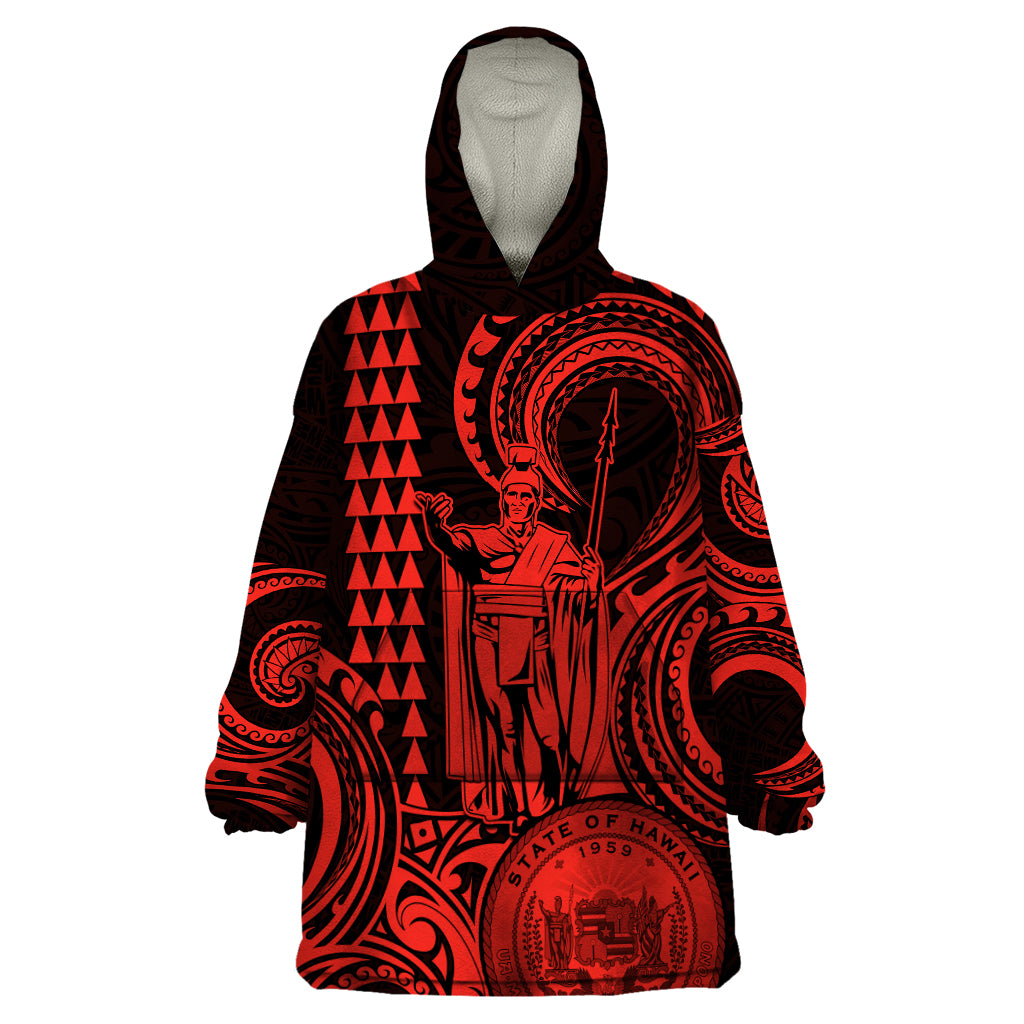 Custom Happy King Kamehameha Day Hawaii Wearable Blanket Hoodie Paradise of the Pacific Tribal Kakau with Kanaka Maoli - Red - Wonder Print Shop
