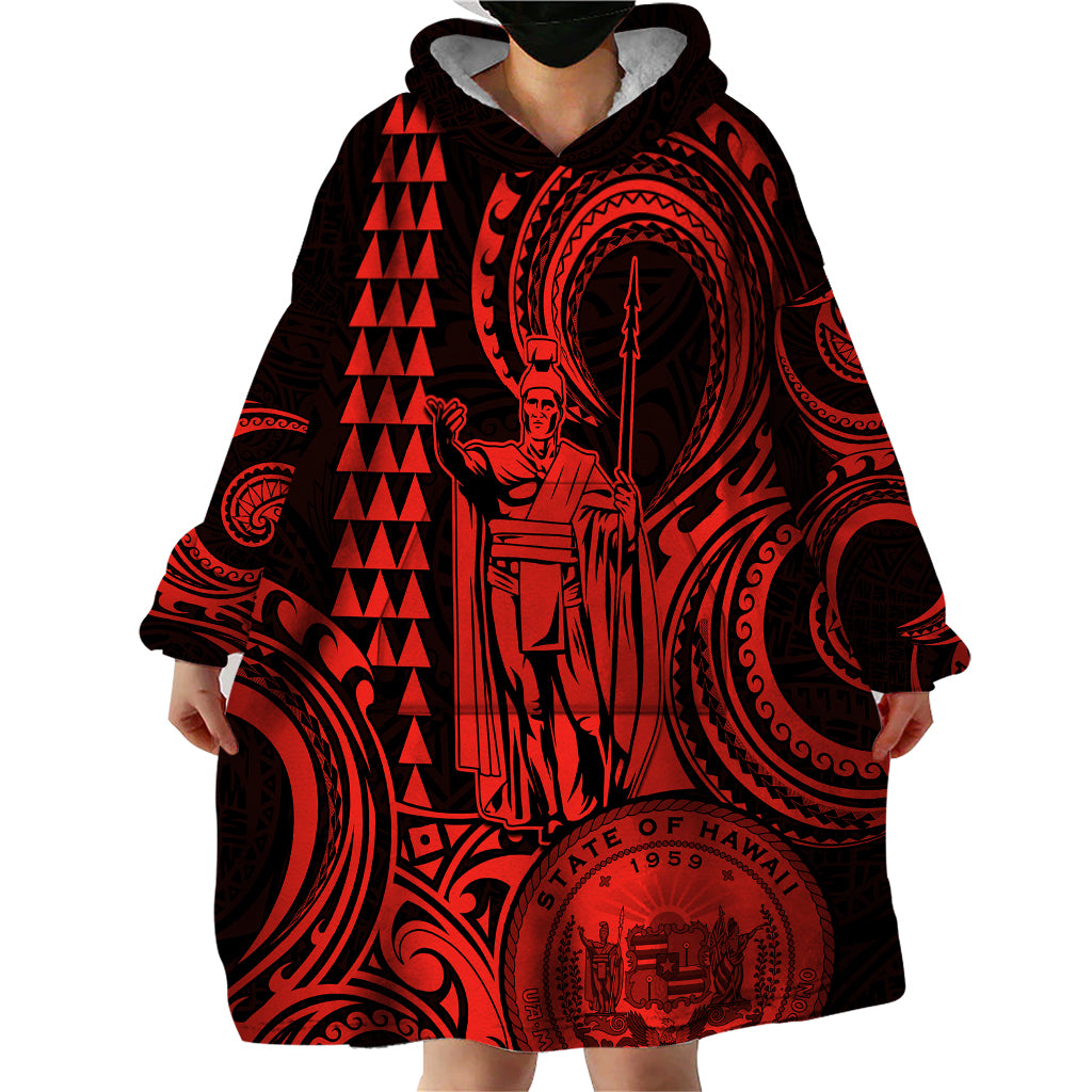 Custom Happy King Kamehameha Day Hawaii Wearable Blanket Hoodie Paradise of the Pacific Tribal Kakau with Kanaka Maoli - Red - Wonder Print Shop