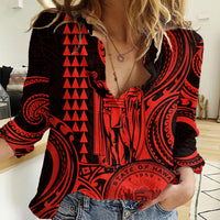 Custom Happy King Kamehameha Day Hawaii Women Casual Shirt Paradise of the Pacific Tribal Kakau with Kanaka Maoli - Red - Wonder Print Shop