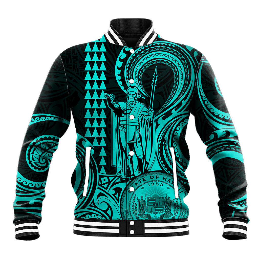 Custom Happy King Kamehameha Day Hawaii Baseball Jacket Paradise of the Pacific Tribal Kakau with Kanaka Maoli - Turquoise LT9 - Wonder Print Shop