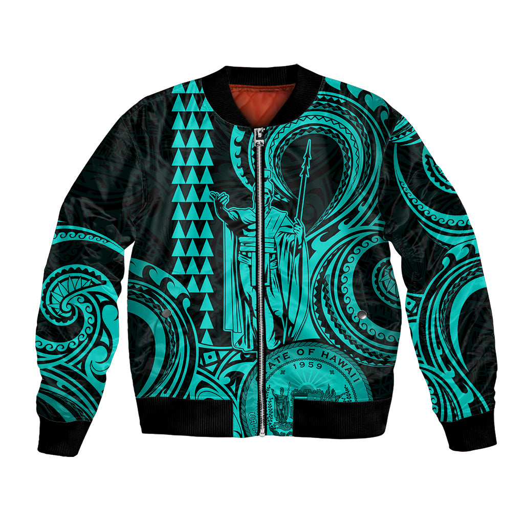 Custom Happy King Kamehameha Day Hawaii Bomber Jacket Paradise of the Pacific Tribal Kakau with Kanaka Maoli - Turquoise LT9 - Wonder Print Shop