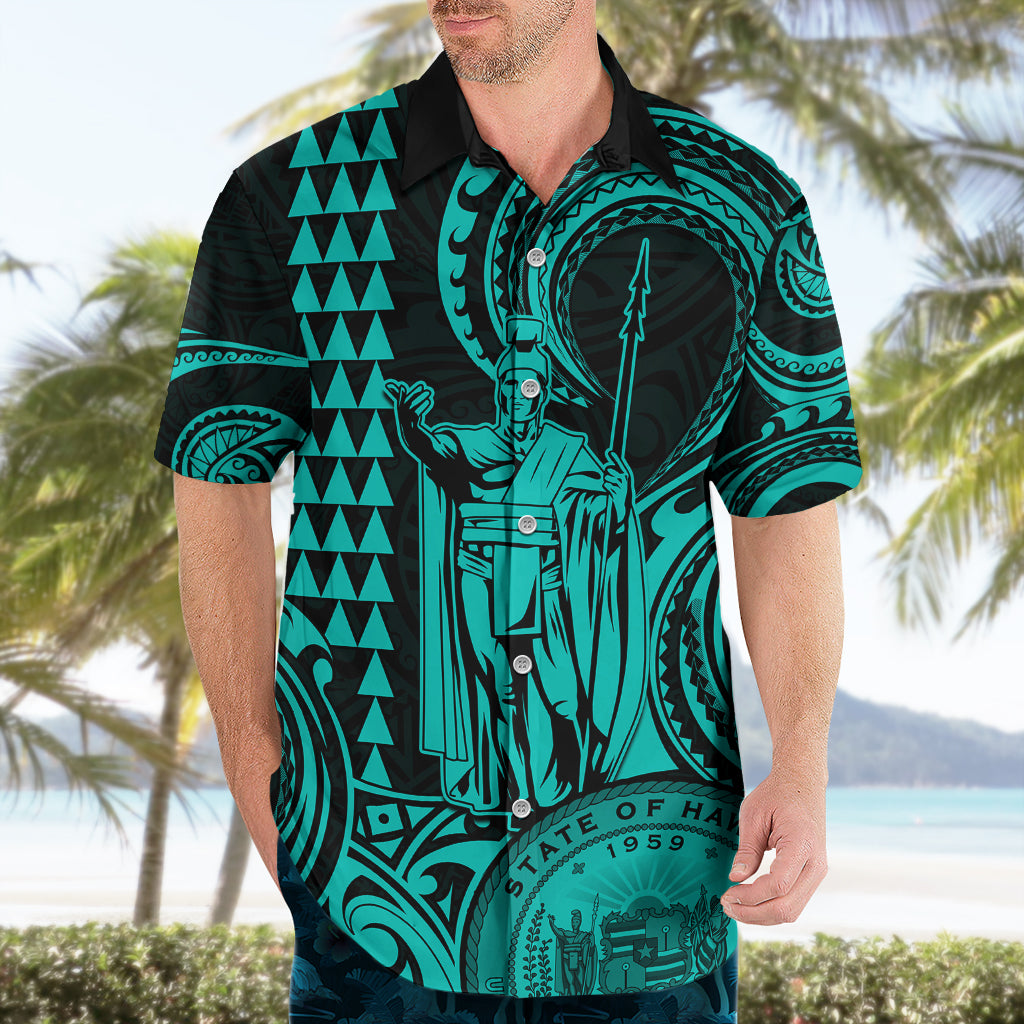 Custom Happy King Kamehameha Day Hawaii Hawaiian Shirt Paradise of the Pacific Tribal Kakau with Kanaka Maoli - Turquoise - Wonder Print Shop