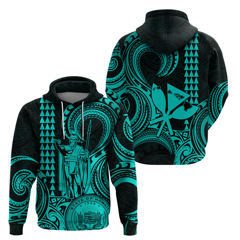 Custom Happy King Kamehameha Day Hawaii Hoodie Paradise of the Pacific Tribal Kakau with Kanaka Maoli - Turquoise - Wonder Print Shop