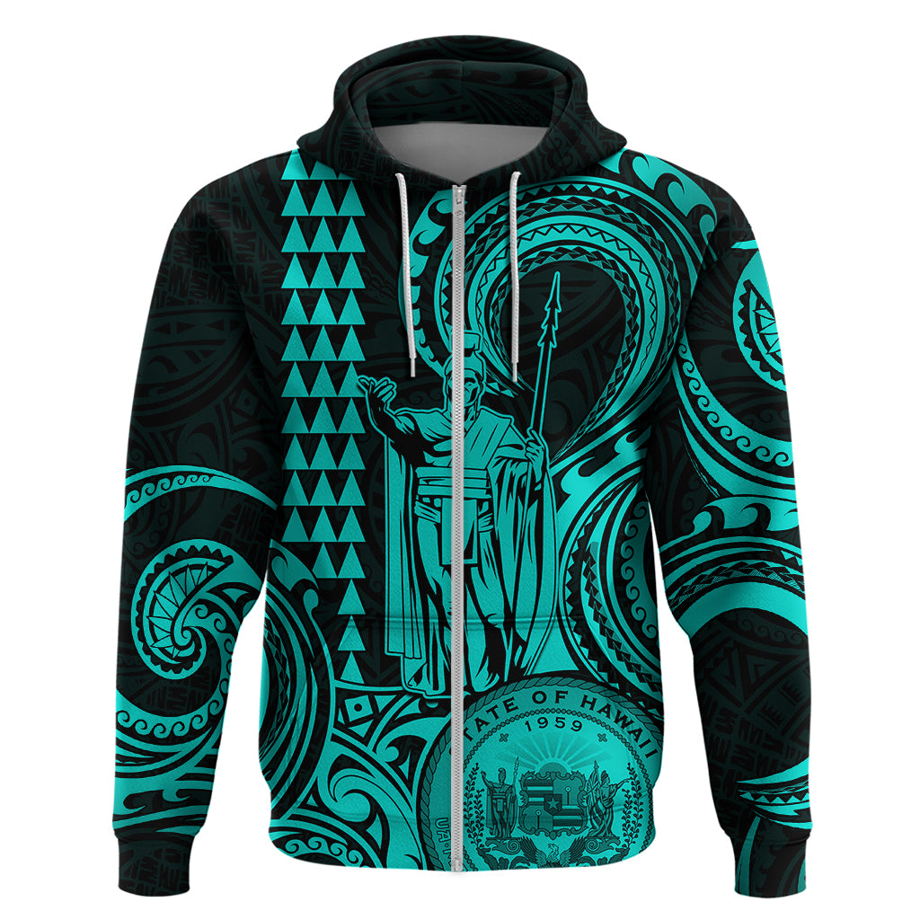 Custom Happy King Kamehameha Day Hawaii Hoodie Paradise of the Pacific Tribal Kakau with Kanaka Maoli - Turquoise - Wonder Print Shop