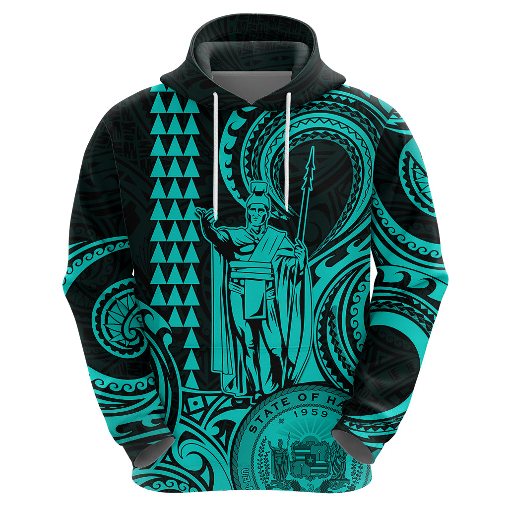 Custom Happy King Kamehameha Day Hawaii Hoodie Paradise of the Pacific Tribal Kakau with Kanaka Maoli - Turquoise - Wonder Print Shop