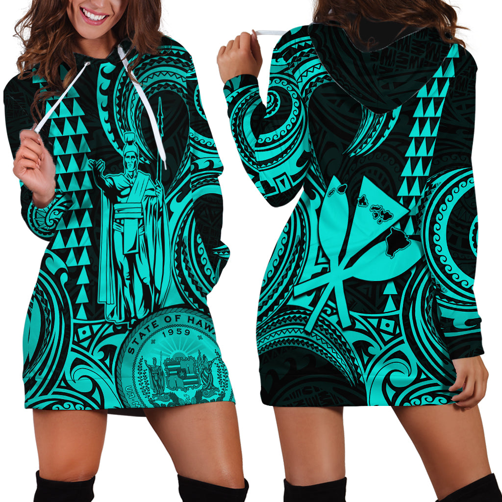 Custom Happy King Kamehameha Day Hawaii Hoodie Dress Paradise of the Pacific Tribal Kakau with Kanaka Maoli - Turquoise - Wonder Print Shop