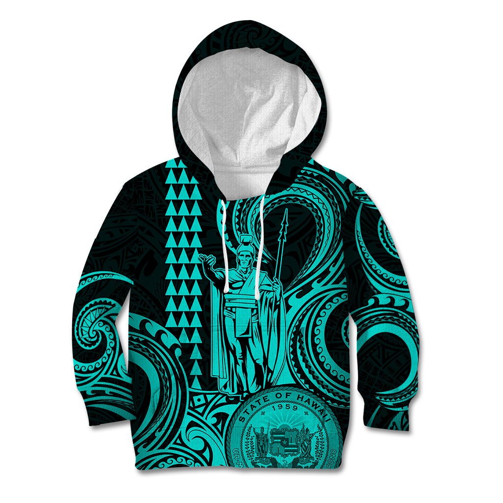 Custom Happy King Kamehameha Day Hawaii Kid Hoodie Paradise of the Pacific Tribal Kakau with Kanaka Maoli - Turquoise - Wonder Print Shop