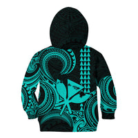 Kids pullover hoodie back view in turquoise and dark green with tribal pattern and hood