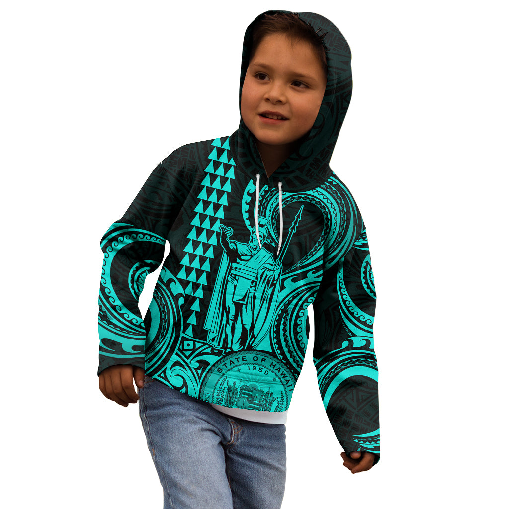 Child wearing kids pullover hoodie in turquoise and dark green with large tribal artwork
