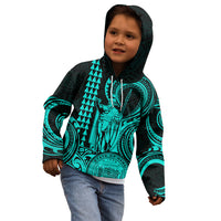 Child wearing kids pullover hoodie in turquoise and dark green with large tribal artwork
