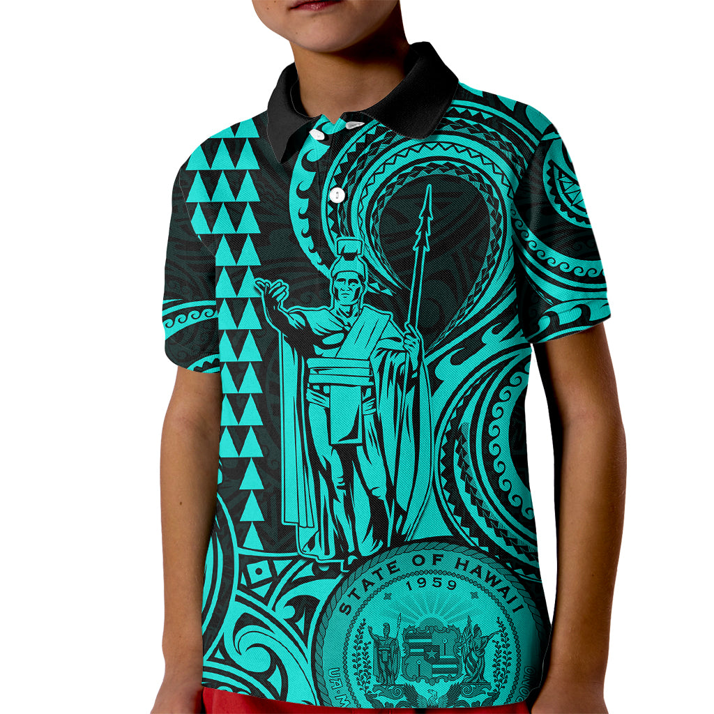 Custom Happy King Kamehameha Day Hawaii Kid Polo Shirt Paradise of the Pacific Tribal Kakau with Kanaka Maoli - Turquoise - Wonder Print Shop