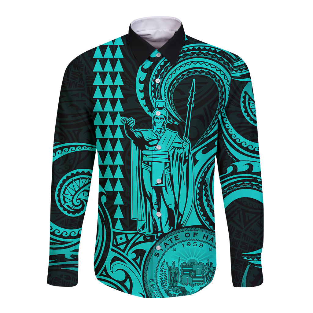Custom Happy King Kamehameha Day Hawaii Long Sleeve Button Shirt Paradise of the Pacific Tribal Kakau with Kanaka Maoli - Turquoise - Wonder Print Shop