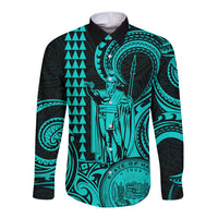 Custom Happy King Kamehameha Day Hawaii Long Sleeve Button Shirt Paradise of the Pacific Tribal Kakau with Kanaka Maoli - Turquoise - Wonder Print Shop