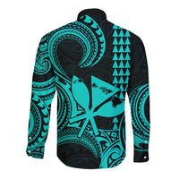 Custom Happy King Kamehameha Day Hawaii Long Sleeve Button Shirt Paradise of the Pacific Tribal Kakau with Kanaka Maoli - Turquoise - Wonder Print Shop