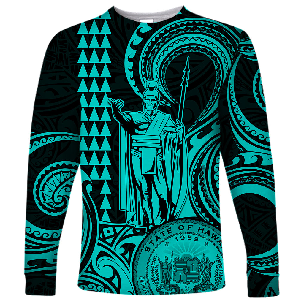Custom Happy King Kamehameha Day Hawaii Long Sleeve Shirt Paradise of the Pacific Tribal Kakau with Kanaka Maoli - Turquoise - Wonder Print Shop