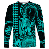 Custom Happy King Kamehameha Day Hawaii Long Sleeve Shirt Paradise of the Pacific Tribal Kakau with Kanaka Maoli - Turquoise - Wonder Print Shop