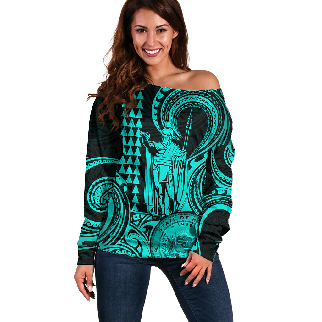 Custom Happy King Kamehameha Day Hawaii Off Shoulder Sweater Paradise of the Pacific Tribal Kakau with Kanaka Maoli - Turquoise - Wonder Print Shop