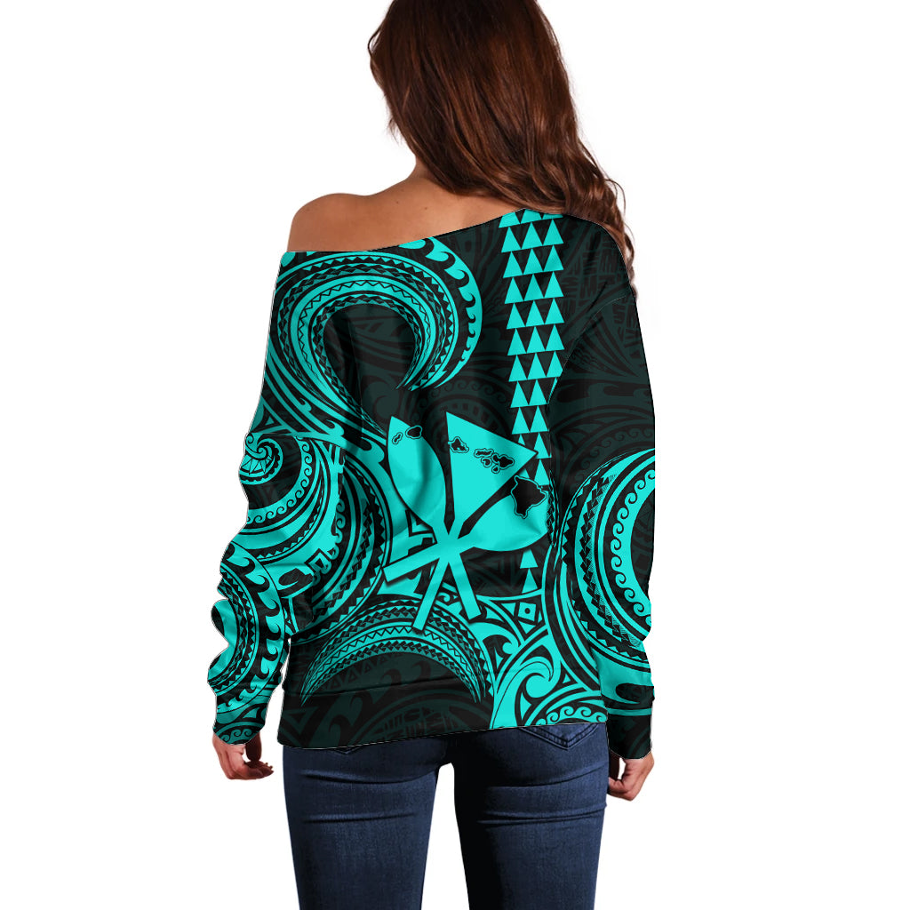Custom Happy King Kamehameha Day Hawaii Off Shoulder Sweater Paradise of the Pacific Tribal Kakau with Kanaka Maoli - Turquoise - Wonder Print Shop