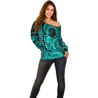 Custom Happy King Kamehameha Day Hawaii Off Shoulder Sweater Paradise of the Pacific Tribal Kakau with Kanaka Maoli - Turquoise - Wonder Print Shop