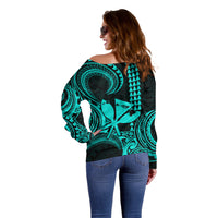 Custom Happy King Kamehameha Day Hawaii Off Shoulder Sweater Paradise of the Pacific Tribal Kakau with Kanaka Maoli - Turquoise - Wonder Print Shop