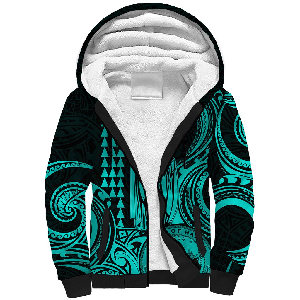 Custom Happy King Kamehameha Day Hawaii Sherpa Hoodie Paradise of the Pacific Tribal Kakau with Kanaka Maoli - Turquoise - Wonder Print Shop