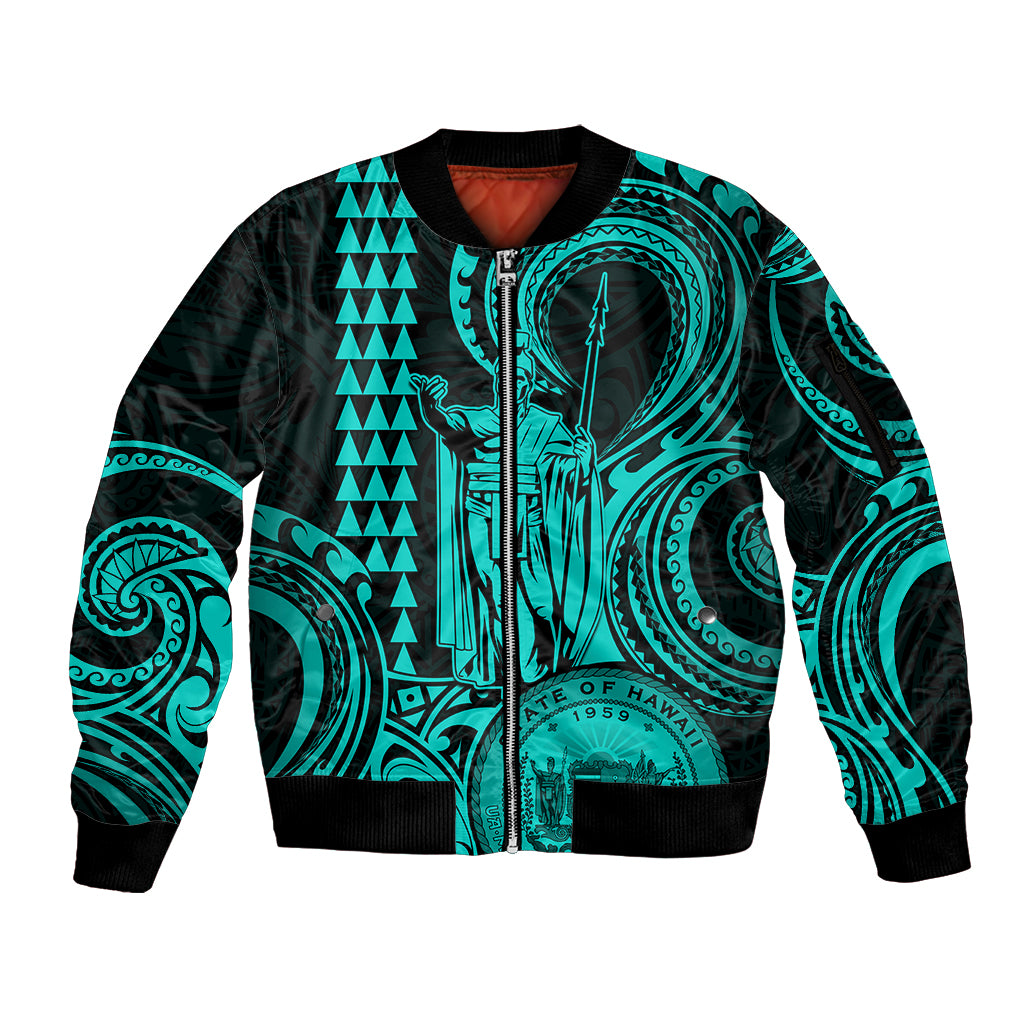 Custom Happy King Kamehameha Day Hawaii Sleeve Zip Bomber Jacket Paradise of the Pacific Tribal Kakau with Kanaka Maoli - Turquoise - Wonder Print Shop