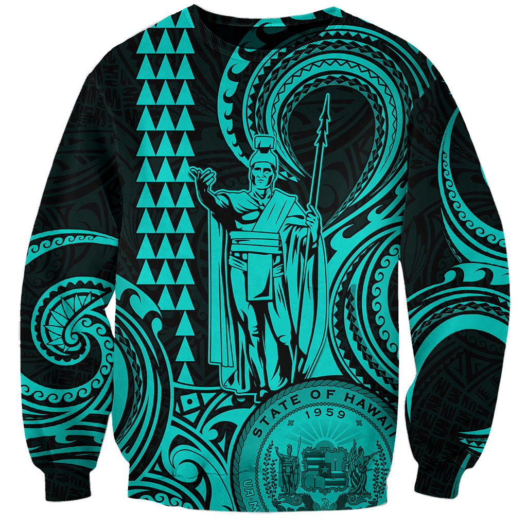 Custom Happy King Kamehameha Day Hawaii Sweatshirt Paradise of the Pacific Tribal Kakau with Kanaka Maoli - Turquoise - Wonder Print Shop