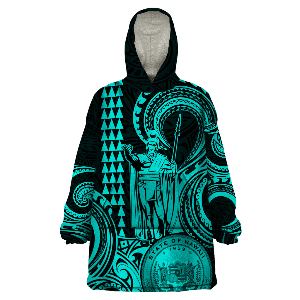 Custom Happy King Kamehameha Day Hawaii Wearable Blanket Hoodie Paradise of the Pacific Tribal Kakau with Kanaka Maoli - Turquoise - Wonder Print Shop