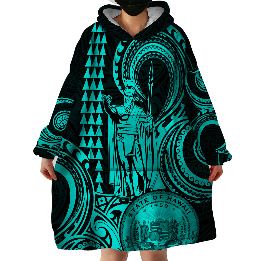 Custom Happy King Kamehameha Day Hawaii Wearable Blanket Hoodie Paradise of the Pacific Tribal Kakau with Kanaka Maoli - Turquoise - Wonder Print Shop