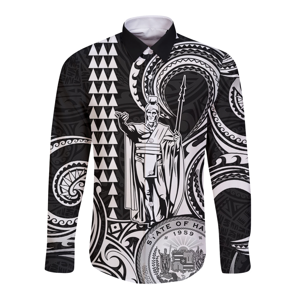 Custom Happy King Kamehameha Day Hawaii Long Sleeve Button Shirt Paradise of the Pacific Tribal Kakau with Kanaka Maoli - White - Wonder Print Shop