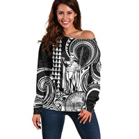 Custom Happy King Kamehameha Day Hawaii Off Shoulder Sweater Paradise of the Pacific Tribal Kakau with Kanaka Maoli - White - Wonder Print Shop