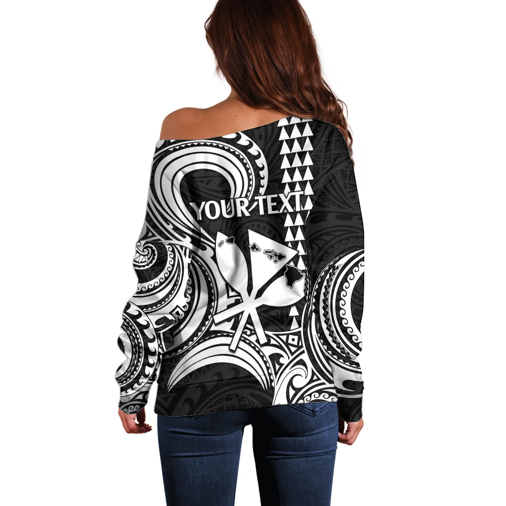 Custom Happy King Kamehameha Day Hawaii Off Shoulder Sweater Paradise of the Pacific Tribal Kakau with Kanaka Maoli - White - Wonder Print Shop