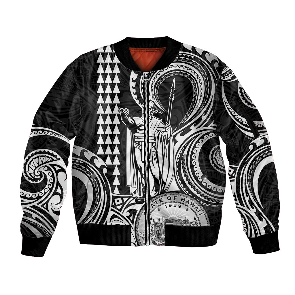 Custom Happy King Kamehameha Day Hawaii Sleeve Zip Bomber Jacket Paradise of the Pacific Tribal Kakau with Kanaka Maoli - White - Wonder Print Shop
