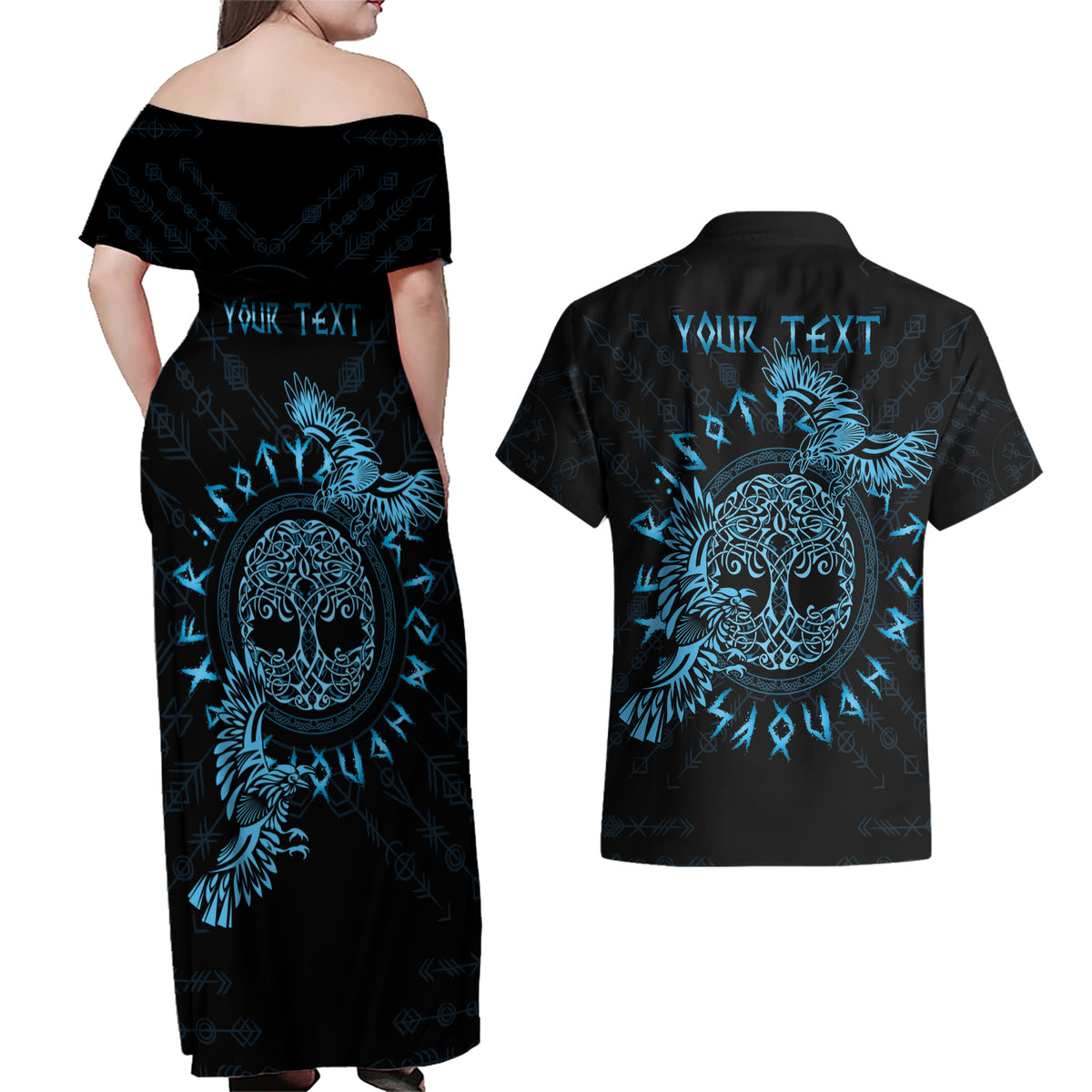 Personalized Odin's Celtic Raven Couples Matching Off Shoulder Maxi Dress and Hawaiian Shirt Blue Scandinavian Tattoo LT9 - Wonder Print Shop