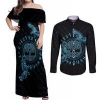 Personalized Odin's Celtic Raven Couples Matching Off Shoulder Maxi Dress and Long Sleeve Button Shirt Blue Scandinavian Tattoo LT9 - Wonder Print Shop