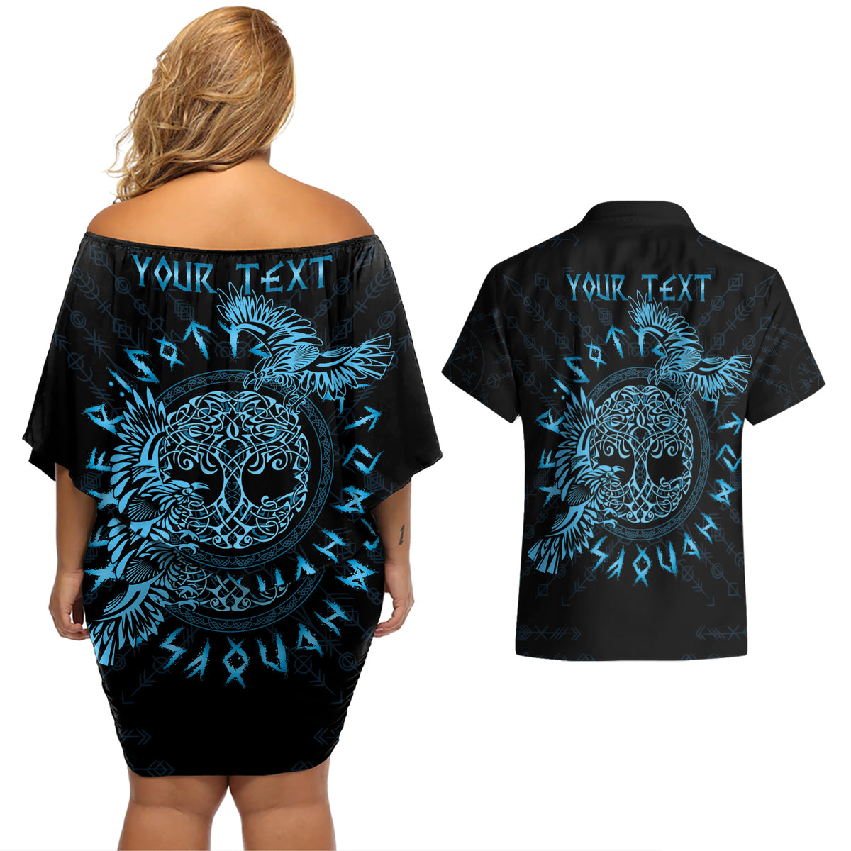 Personalized Odin's Celtic Raven Couples Matching Off Shoulder Short Dress and Hawaiian Shirt Blue Scandinavian Tattoo LT9 - Wonder Print Shop