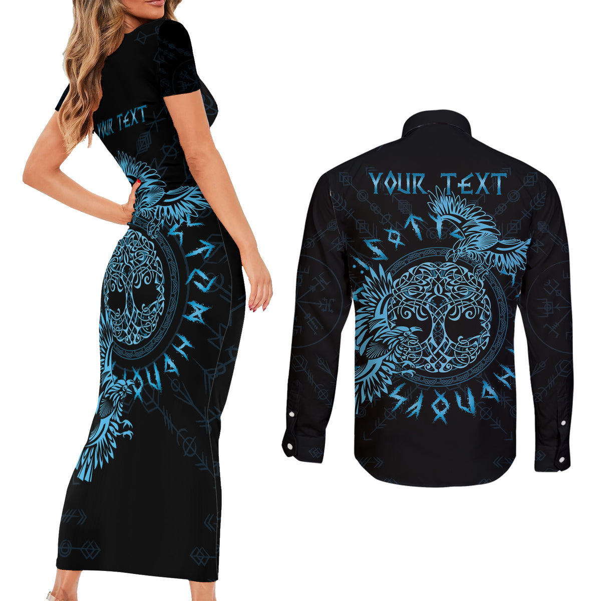 Personalized Odin's Celtic Raven Couples Matching Short Sleeve Bodycon Dress and Long Sleeve Button Shirt Blue Scandinavian Tattoo LT9 - Wonder Print Shop