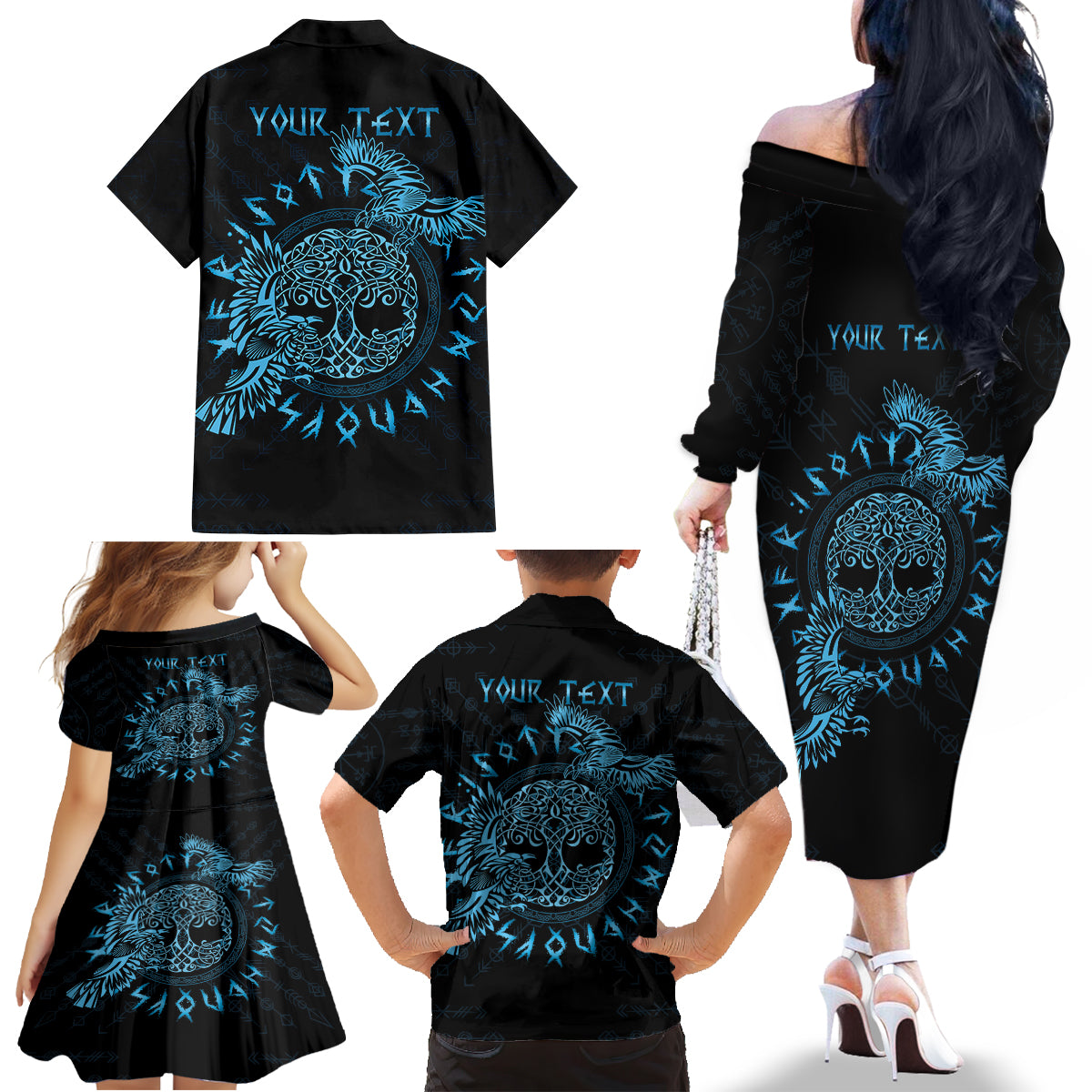 Personalized Odin's Celtic Raven Family Matching Off The Shoulder Long Sleeve Dress and Hawaiian Shirt Blue Scandinavian Tattoo - Wonder Print Shop