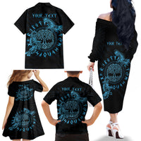Personalized Odin's Celtic Raven Family Matching Off The Shoulder Long Sleeve Dress and Hawaiian Shirt Blue Scandinavian Tattoo - Wonder Print Shop