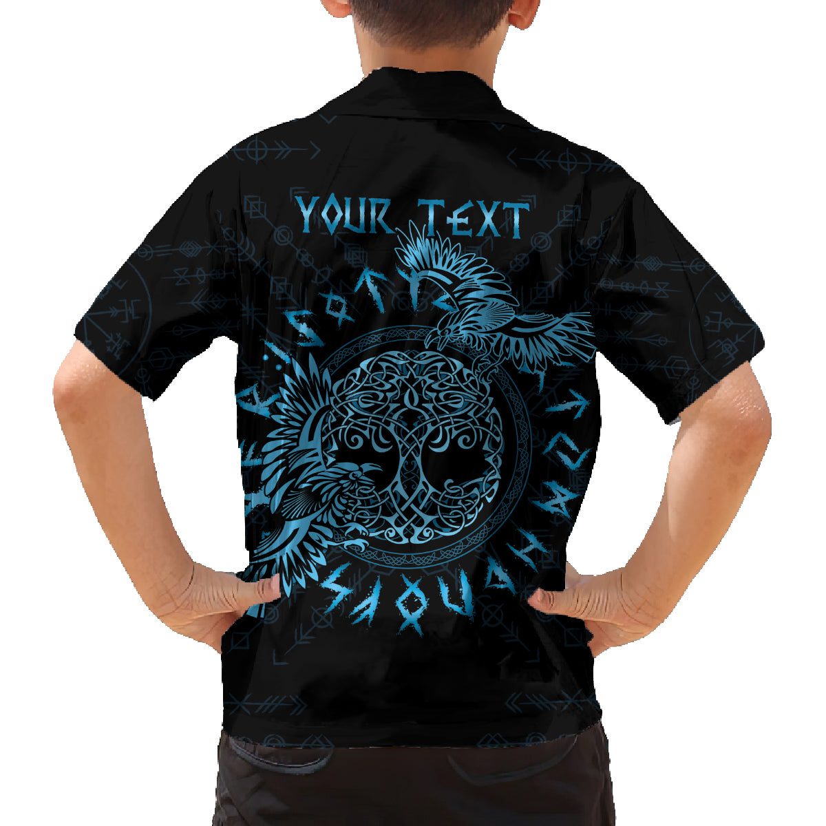 Personalized Odin's Celtic Raven Family Matching Off Shoulder Maxi Dress and Hawaiian Shirt Blue Scandinavian Tattoo LT9 - Wonder Print Shop