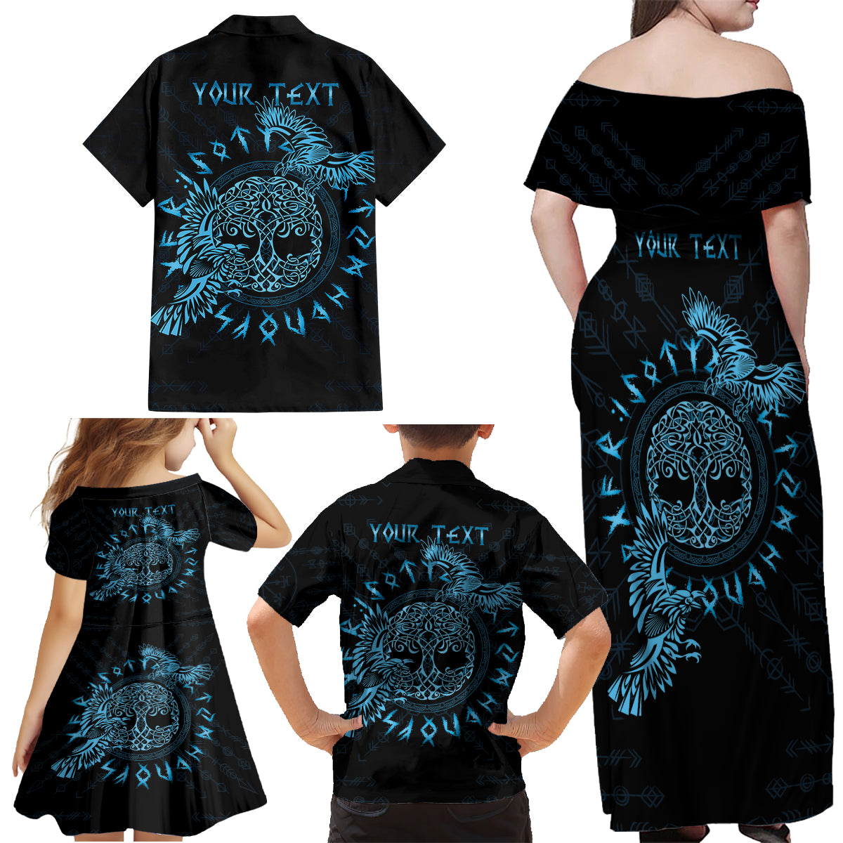 Personalized Odin's Celtic Raven Family Matching Off Shoulder Maxi Dress and Hawaiian Shirt Blue Scandinavian Tattoo LT9 - Wonder Print Shop