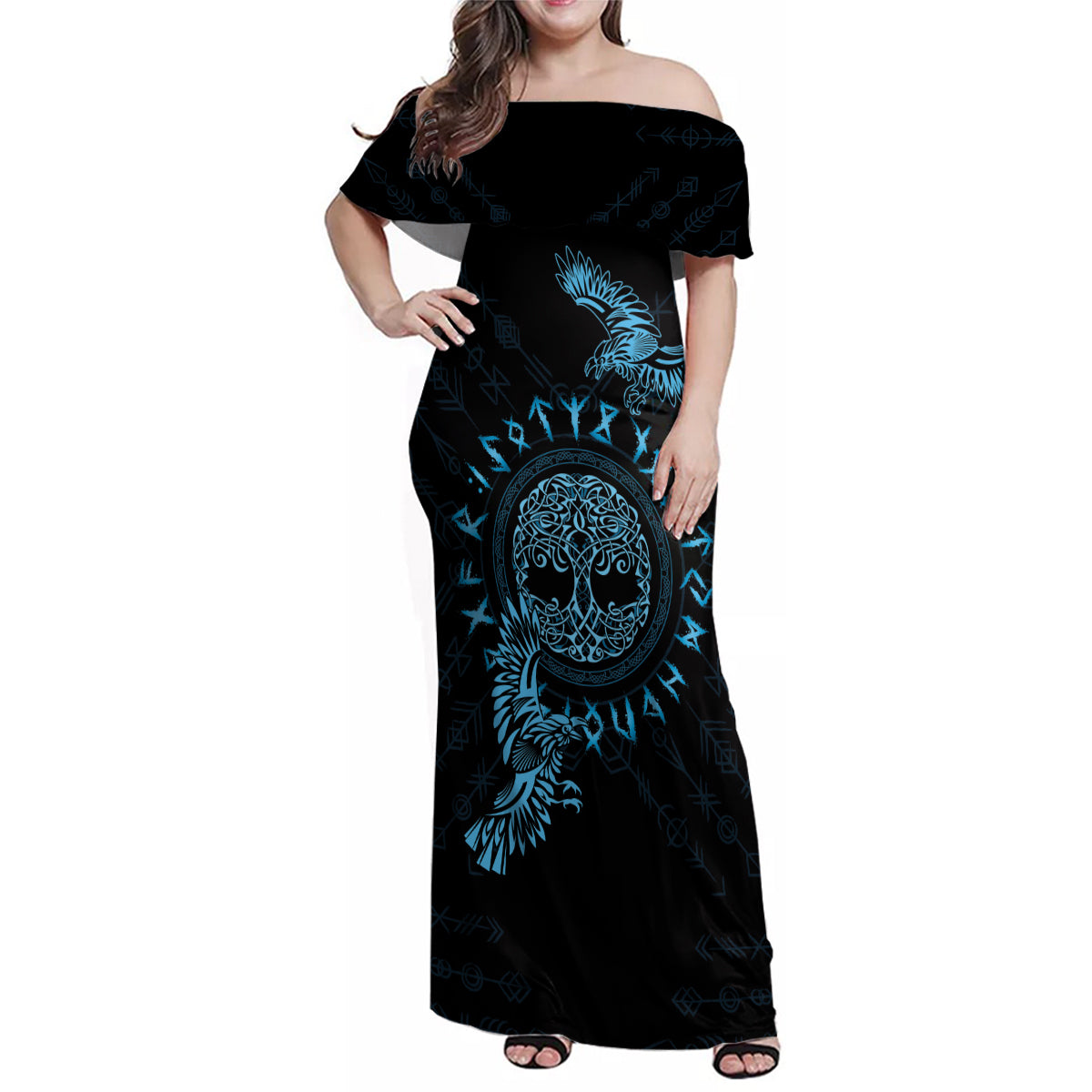 Personalized Odin's Celtic Raven Family Matching Off Shoulder Maxi Dress and Hawaiian Shirt Blue Scandinavian Tattoo LT9 - Wonder Print Shop