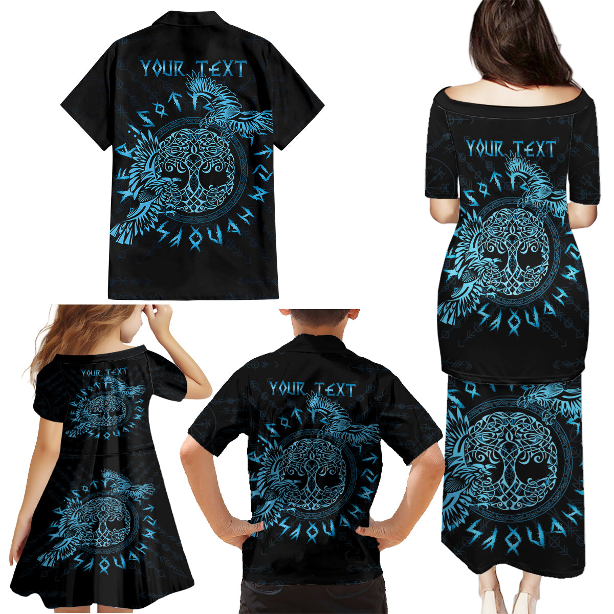 Personalized Odin's Celtic Raven Family Matching Puletasi and Hawaiian Shirt Blue Scandinavian Tattoo - Wonder Print Shop