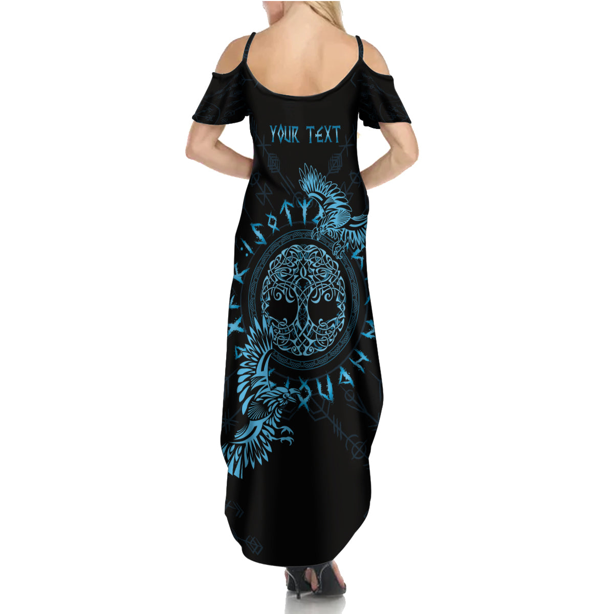 Personalized Odin's Celtic Raven Family Matching Summer Maxi Dress and Hawaiian Shirt Blue Scandinavian Tattoo - Wonder Print Shop