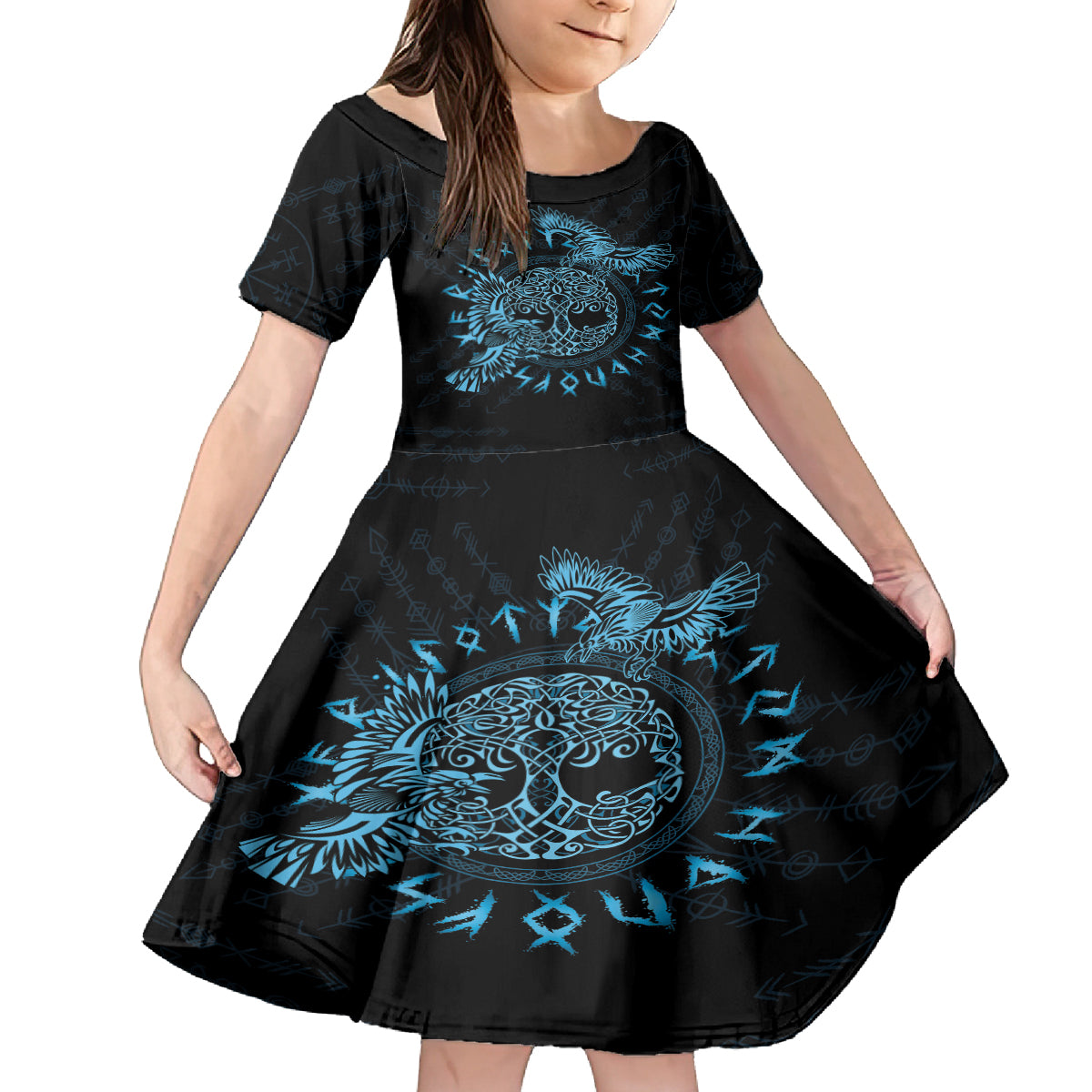 Personalized Odin's Celtic Raven Family Matching Tank Maxi Dress and Hawaiian Shirt Blue Scandinavian Tattoo - Wonder Print Shop
