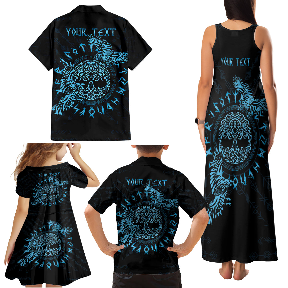 Personalized Odin's Celtic Raven Family Matching Tank Maxi Dress and Hawaiian Shirt Blue Scandinavian Tattoo - Wonder Print Shop