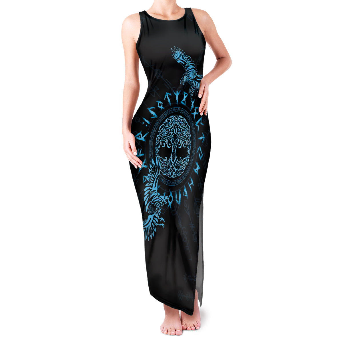 Personalized Odin's Celtic Raven Family Matching Tank Maxi Dress and Hawaiian Shirt Blue Scandinavian Tattoo - Wonder Print Shop