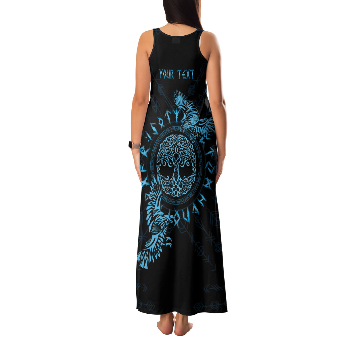 Personalized Odin's Celtic Raven Family Matching Tank Maxi Dress and Hawaiian Shirt Blue Scandinavian Tattoo - Wonder Print Shop