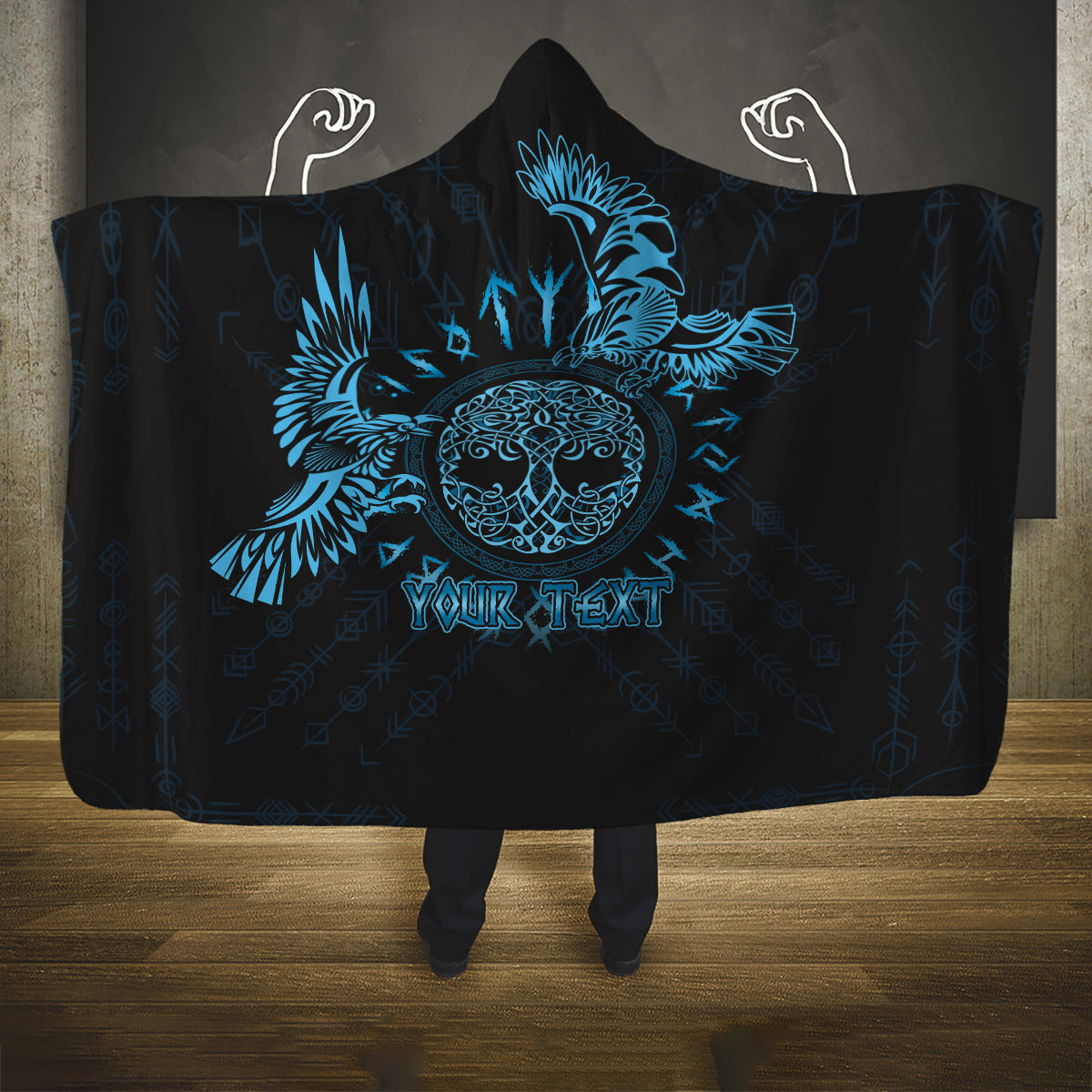 Personalized Odin's Celtic Raven Hooded Blanket Blue Scandinavian Tattoo