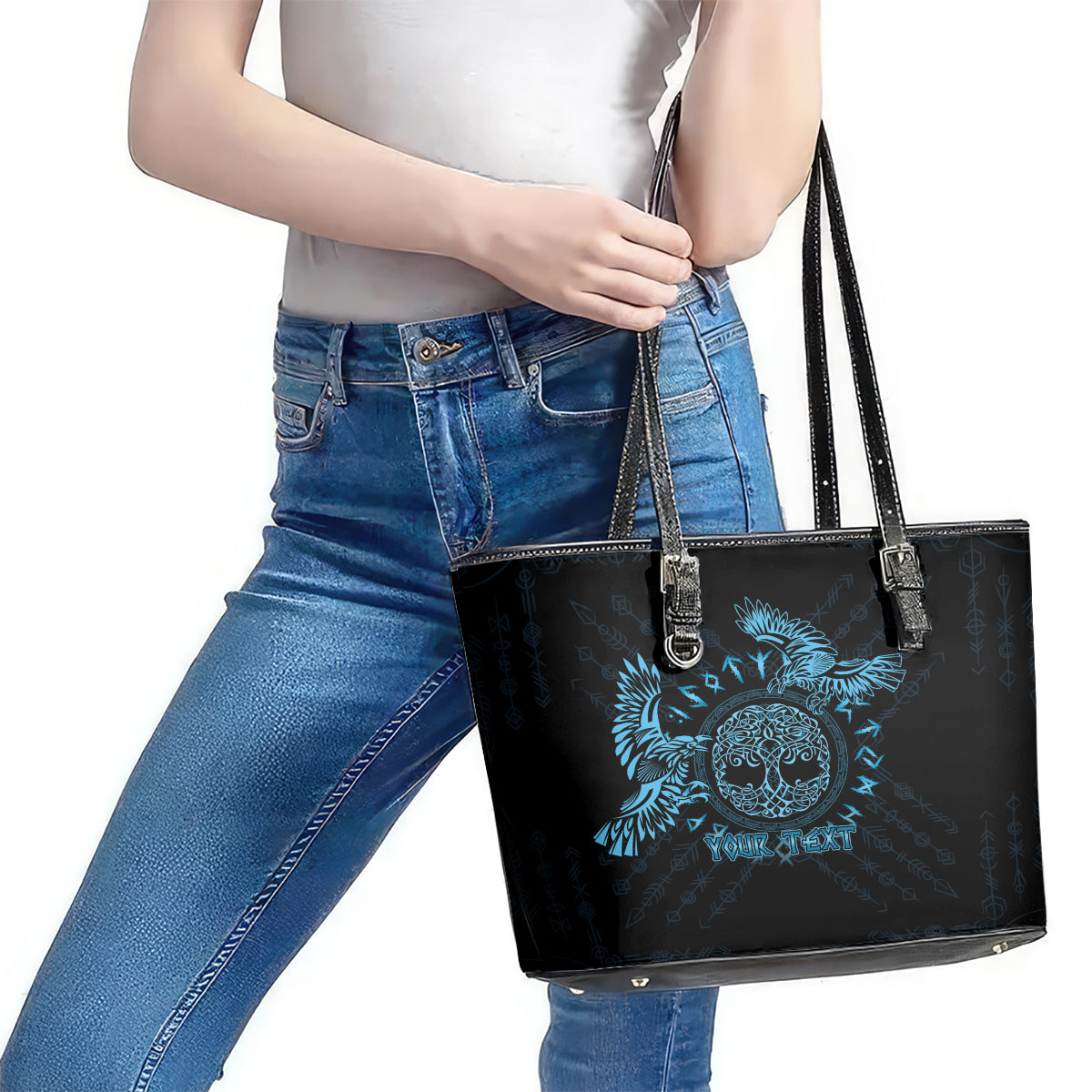 Personalized Odin's Celtic Raven Leather Tote Bag Blue Scandinavian Tattoo - Wonder Print Shop